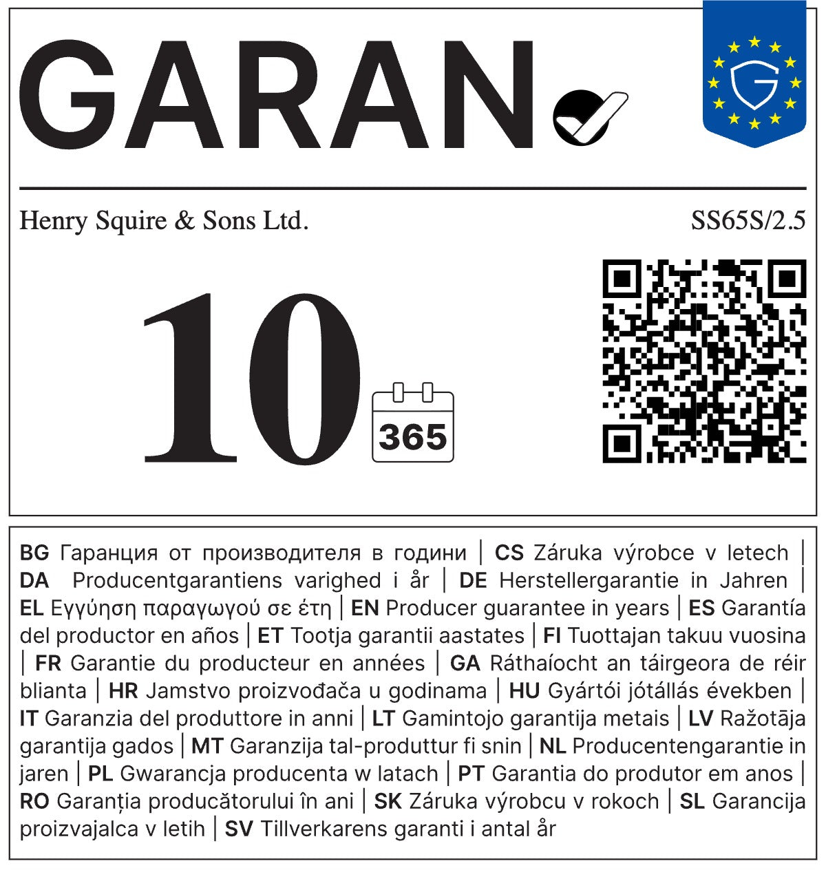 EU GARAN label - 10 year commercial durability guarantee